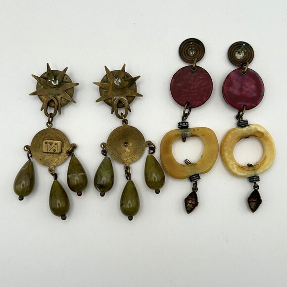 Vintage Boho Artisan Statement Earring Bundle Brass Tone Dangles Hoop - Picture 3 of 16